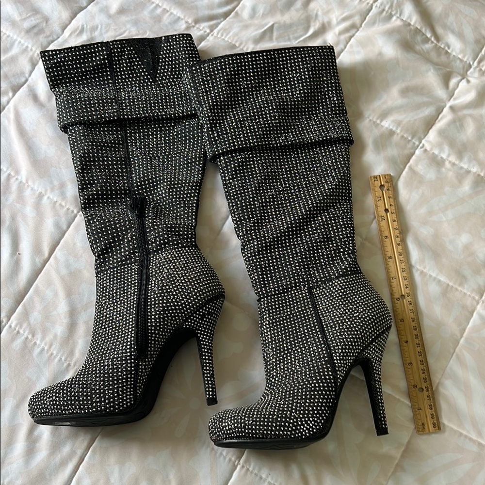 Women's Black Rhinestone High-Heel Knee Boots